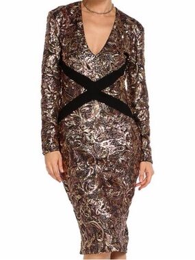 Just Cavalli Gold Baroque Sequin Plunge Dress